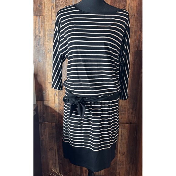 White House Black Market Dress Striped Boat Neck 3/4 Sleeve Tie Waist - Picture 1 of 7